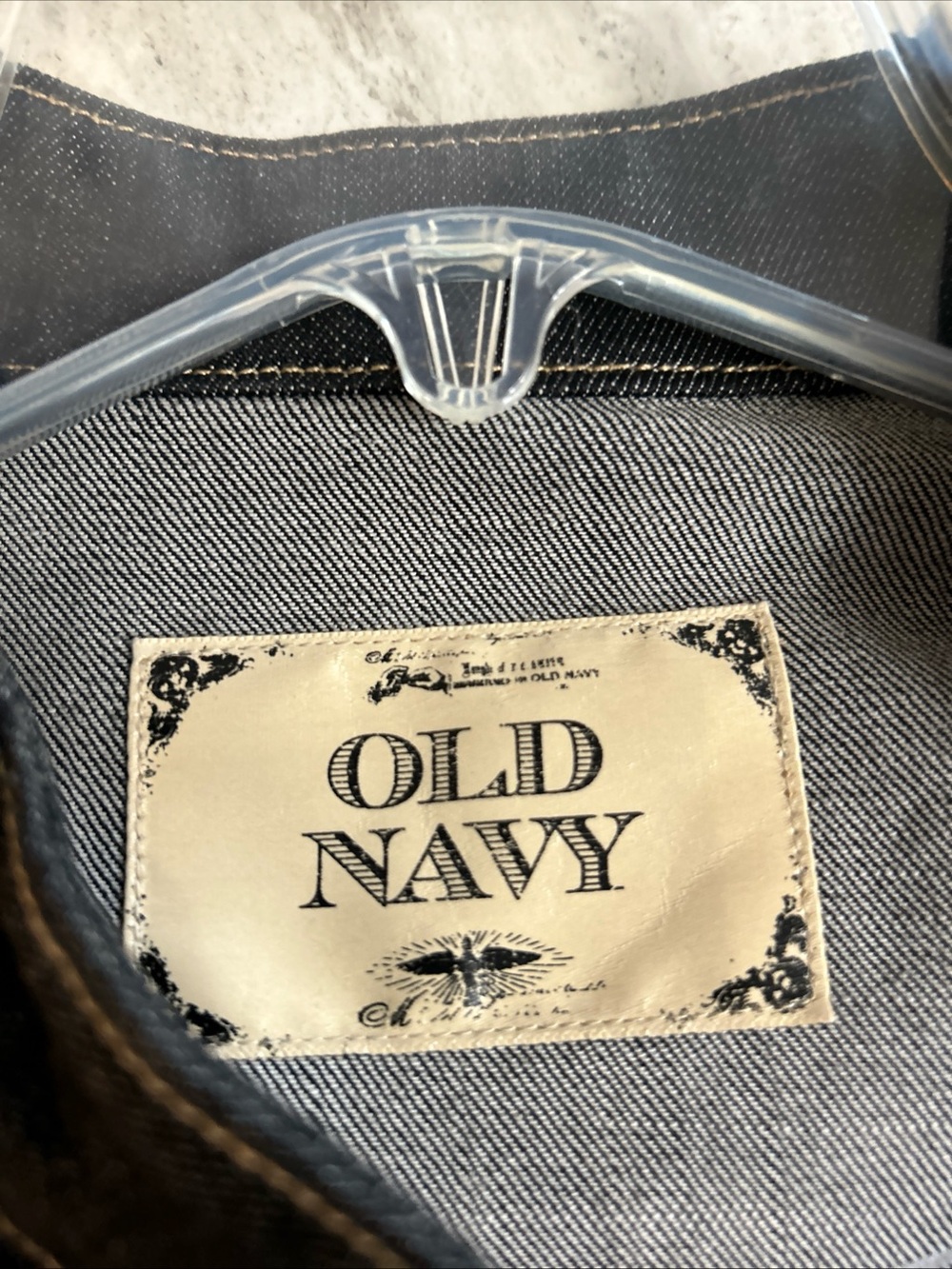 Vintage Old Navy Dark Blue Denim Military-Style Jacket with Contrast Stitching L - Picture 10 of 12